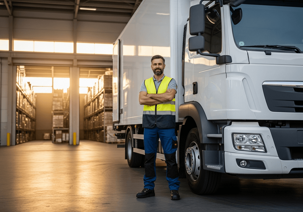 Professional truck driver standing next to a modern box truck